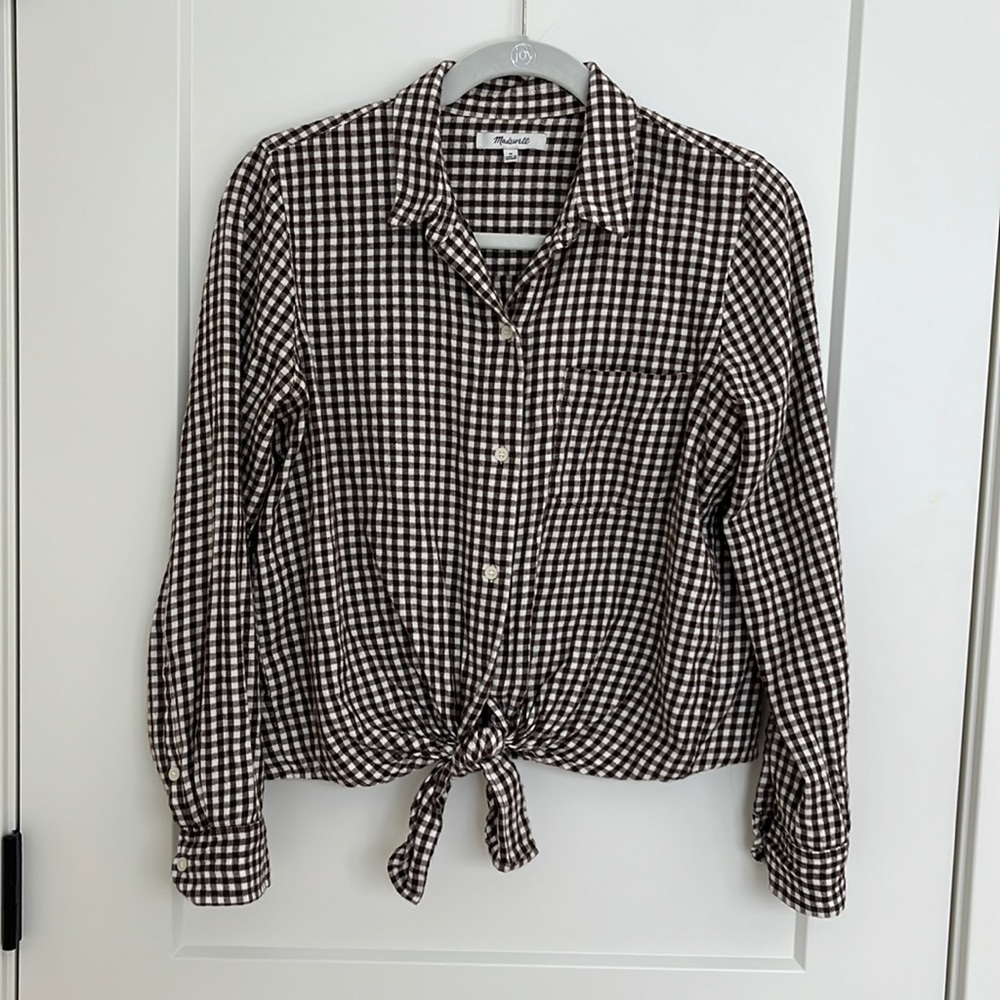Madewell Size M button down flannel brown and white tie front shirt